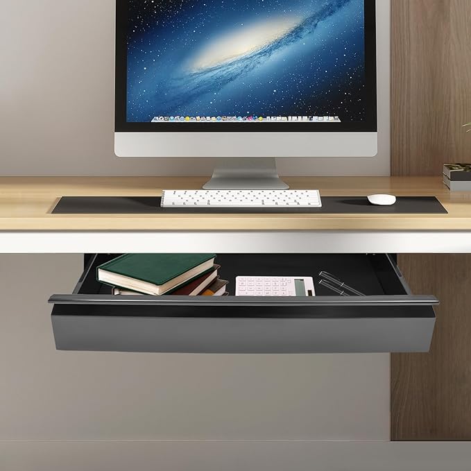 FFanhia 22 Inches Under Desk Mounted Sliding Pull-out Drawer Storage Drawer for Sit Stand Workstation Office Desk(Applicable Table Thickness: 0.79in) Black