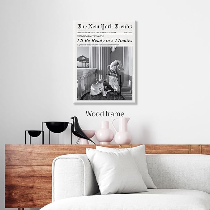 Vintage Newspaper Framed Wall Art Trendy Black and White Aesthetic Posters