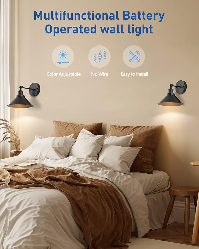 Bailoch Black Vintage Wireless Battery Operated Wall Sconces, Industrial