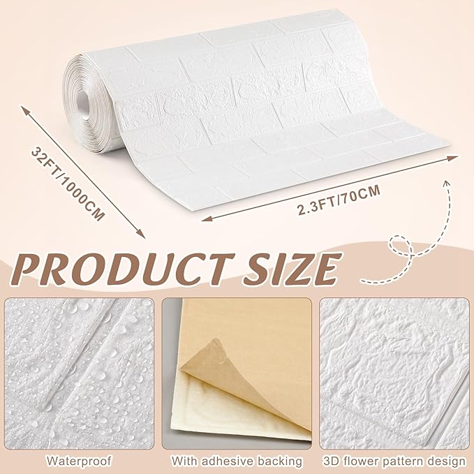 Hahafelt 1 Pcs 32 x 2.3 ft 3D Wall Panel, Faux Brick Wall Panel White Peel and