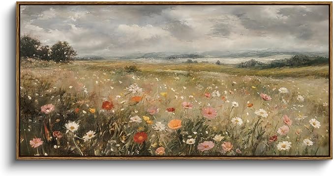 InSimSea Extra Large Framed Vintage Wall Art, Living Room Country Farmhouse Decor, Wildflower Field Flowers Landscape Canvas Prints, Retro Scenery Long Pictures for Bedroom Above of Bed,20x40inch