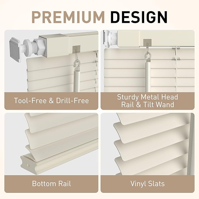 No Drill No Tool 1" Vinyl Mini Blinds, Light Filtering Horizontal Window Blinds