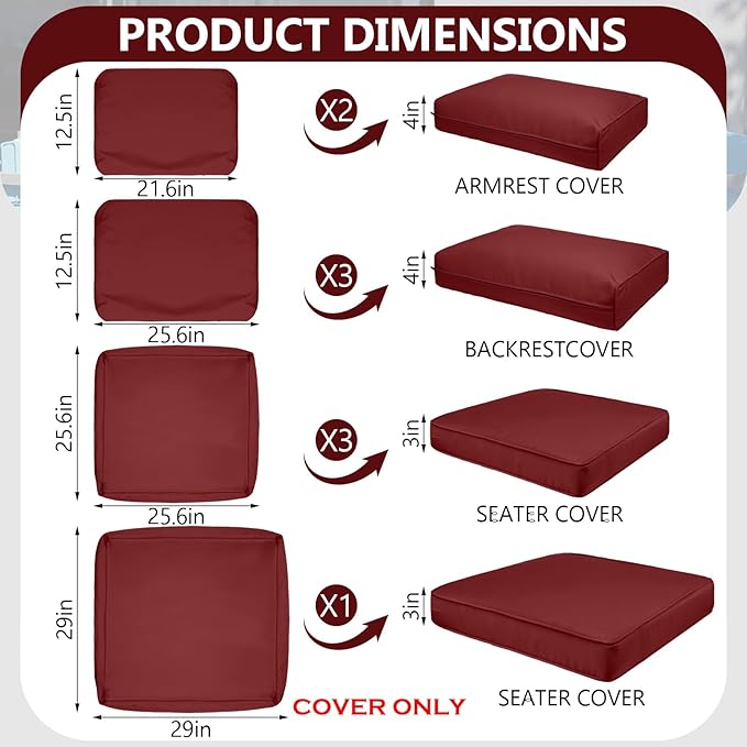 9 Piece Outdoor Patio Waterproof Cushion Covers, Fits 4-Seat Wicker Rattan Sectional Couch Chair Furniture Cover Replacement Set - Fade-Resistant Patio Cushion Covers with Zipper