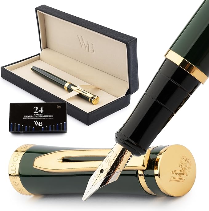 Wordsworth & Black Fountain Pen Set, 18K Gilded Broad Nib, Includes 24 Pack Ink Cartridges, Ink Refill Converter & Gift Box, Gold Finish, Calligraphy, [Racing Green], Perfect for Men & Women