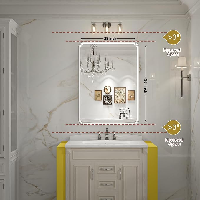 28x36 Inch LED Mirror for Bathroom, Brushed Sliver Metal Frame Lighted Vanity