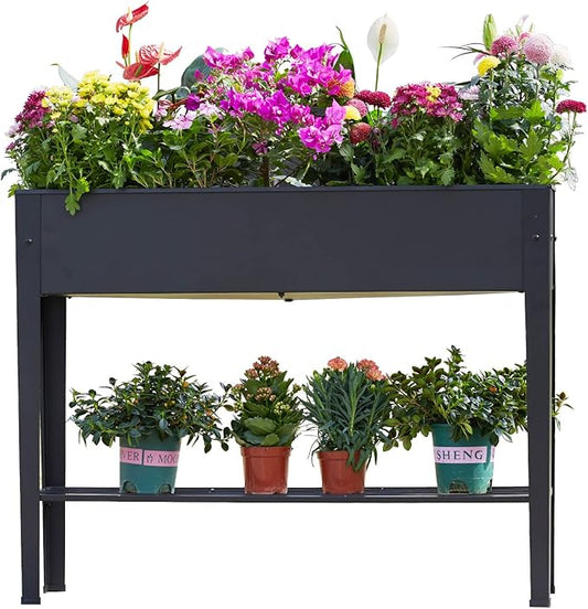Raised Garden Bed, Elevated Planter Black Metal Plant Box with Legs Standing Garden Stand Drainage Holes Black