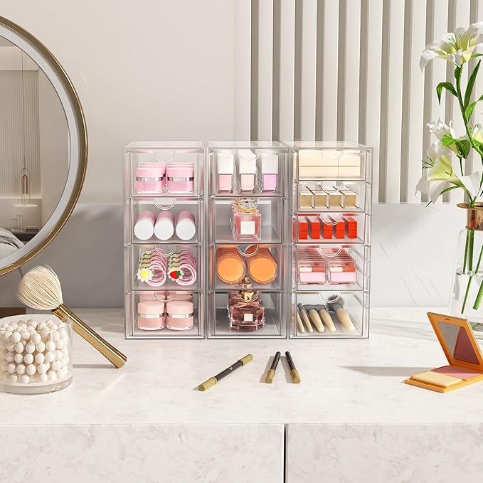 ARSTPEOE Acrylic Makeup Organizer with 13 Drawers, Bathroom Counter Organizer, Acrylic Organizers, Desk Organizer, Office Supplies, Storage Drawers for Cosmetic, Pencil, Coffee, etc 3 Pack