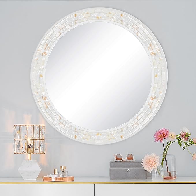 Large Round Mirror 36 Inch, Natural Mother of Pearl Inlay Mosaic Frame Circle