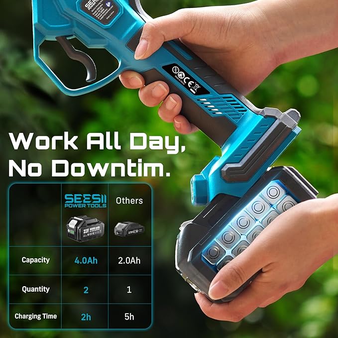 SEESII Electric Pruning Shears Cordless: Up to 1.6" Cutting Diameter Power Pruner - 2 Pcs 4.0Ah Batteries, Brushless Motor, Extra SK5 Blade, 4 Modes Adjustable Branch Cutter for Tree Flower Trimming