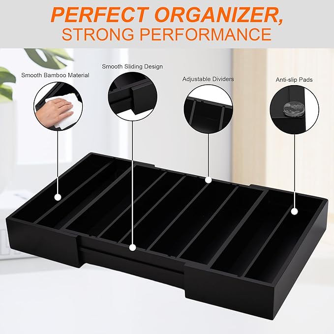 MinBoo Bamboo Drawer Organizer - Expandable K Cup & Pods Holder, Coffee Pod Storage, Tea Organizer, Versatile Kitchen Accessory Organization and Storage，Black