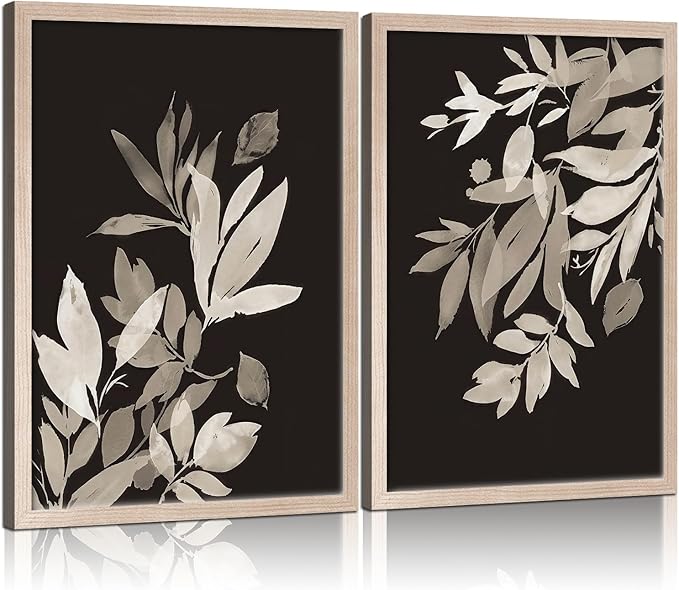 Framed Vintage Canvas Wall Art Botanical Leaves Poster Picture Countryside Painting Nature Landscape Modern Home Print Living Room Gallery Office Ready to Hang 16x24 inches x2