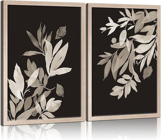 Framed Vintage Canvas Wall Art Botanical Leaves Poster Picture Countryside Painting Nature Landscape Modern Home Print Living Room Gallery Office Ready to Hang 16x24 inches x2