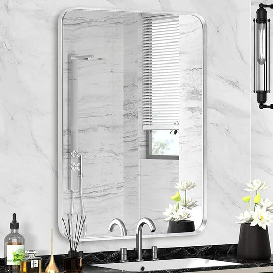 Silver Framed Bathroom Mirror, Brushed Nickel Rounded Corner Rectangle Wall