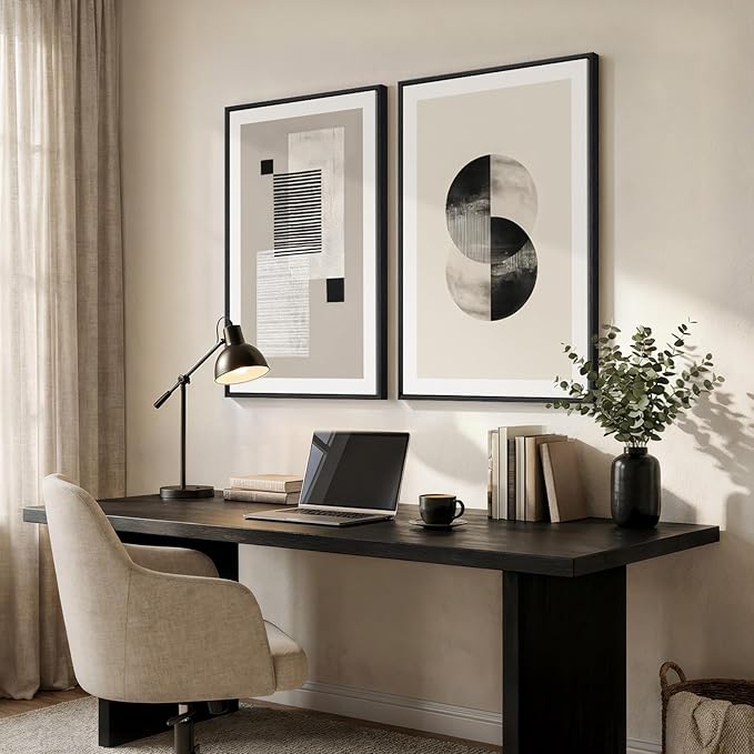 Large Framed Black and White Neutral Abstract Wall Art