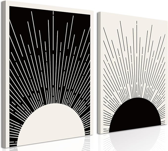 Hwetui Framed Boho Sun Wall Art Set of 2 Black and White Minimalist Sunrise