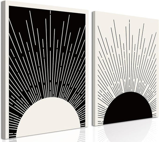 Hwetui Framed Boho Sun Wall Art Set of 2 Black and White Minimalist Sunrise