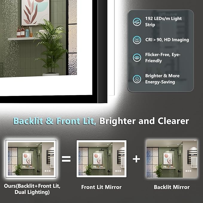 48x32 Black Framed LED Bathroom Mirror