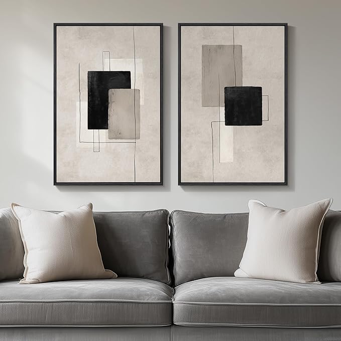 Framed Neutral Abstract Wall Art Set of 2, Minimalist Block Lines Pictures