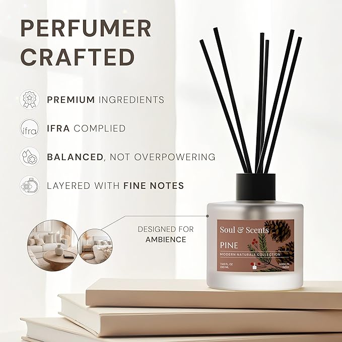 Soul & Scents Reed Diffuser Set – Pine | 7.43 oz Refillable Scented Oil with 6 Fiber Sticks | Long-Lasting Home Fragrance & Air Freshener for Bedroom, Bathroom, Office | Gift & Décor Piece