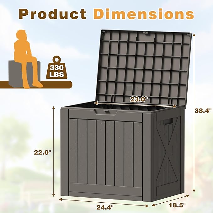 Flamaker Resin Deck Box 40 Gallon Waterproof Outdoor Indoor Storage Box Imitation Wood Resin for Patio Furniture Garden Tools and Pool (Deep Brown)