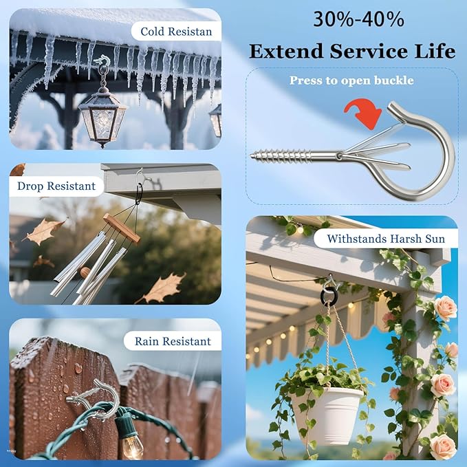 36 Pack Silver Screw Hooks with Safety Buckle - 2.3 Inch Rustproof Eye Ceiling Hooks for Hanging Plants,Outdoor String Lights,Baskets,Christmas Lights & Decor,40lb Capacity (36, Silver)