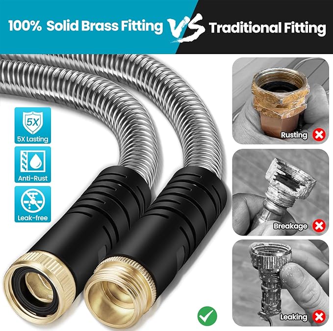Garden Hose 50FT, Water Hose with 10 Function Nozzle, Garden Hose Metal with Leak-proof Connectors, No-Kink, Lightweight, Puncture-proof, Pet-proof, Sturdy, Hose for Outdoor, Yard