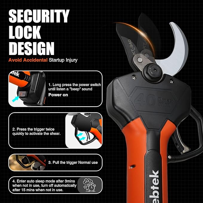 Cordless Electric Pruning Shears 40MM, Kebtek Professional Pruning Shears Battery Powered 21V Brushless Motor 2Pack 2AH Rechargeable Battery-LCD Display Screen (KT940)