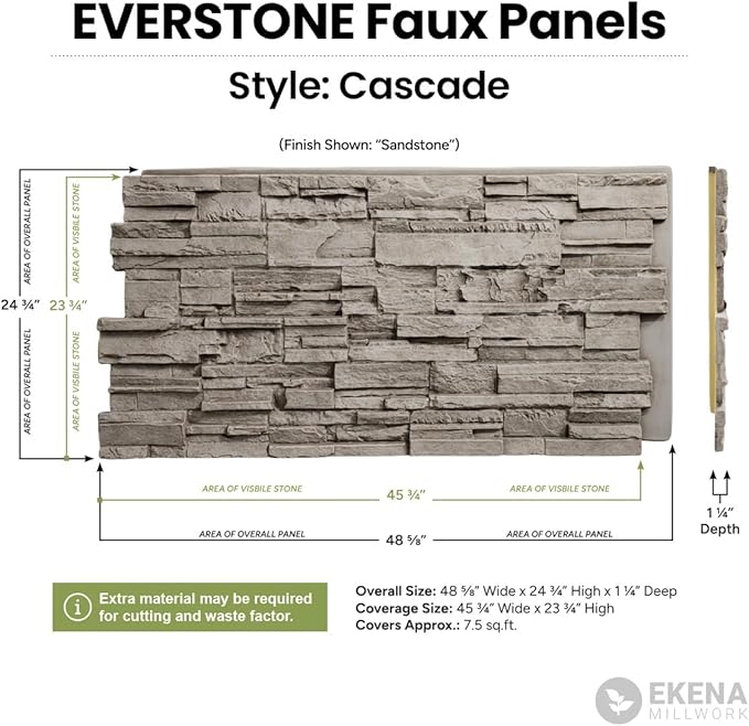 EverStone Cascade Faux Stone Panel, 48 5/8"W x 24 3/4"H x 1 1/4"D, Polermo Color