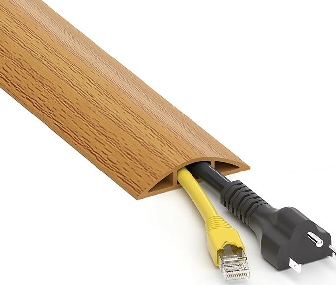 Floor Cord Cover 6ft, Yellow Oak Wood Wire Hider Floor Hide Extension Cords, PVC Cable Management Cover, Cable Protector, Cord Cavity W0.6in x H0.32in
