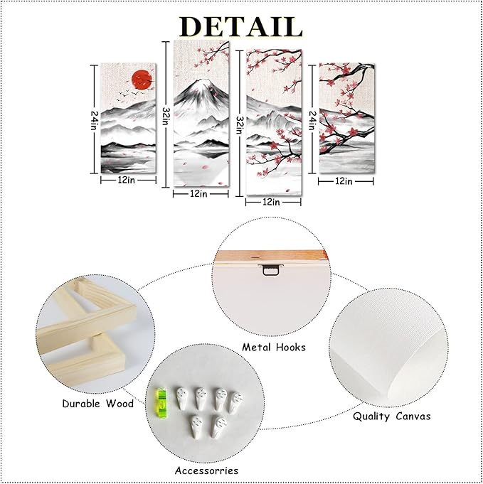 LyerArtork 4 Panel Japanese Ink Painting Wall Art Mount Fuji
