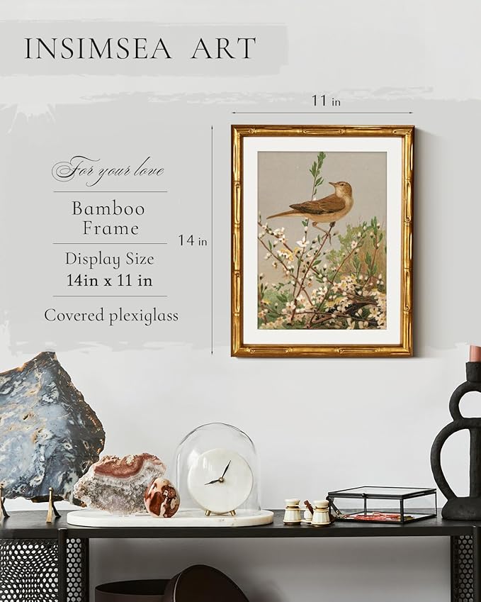 InSimSea Gold Bamboo Framed Canvas Wall Art, Spring Bird on Branch Paintings