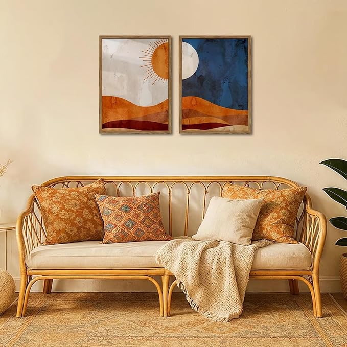 Framed Boho Sun and Moon Canvas Wall Art Set of 2, Vintage Western Desert