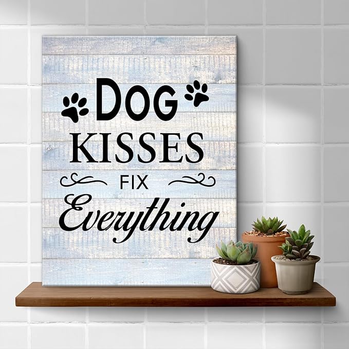 Funny Farmhouse Dog Canvas Wall Art Decor Dog Kisses Fix Everything Rustic Sign