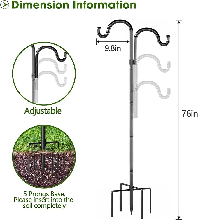 Double Shepherds Hooks for Outdoor, 76" Heavy Duty Bird Feeder Pole with 5 Prong Base, Adjustable Shepherds Hook for Bird feeders Outside, Garden, Weddings, Hanging Plants, 2 Pack, Black