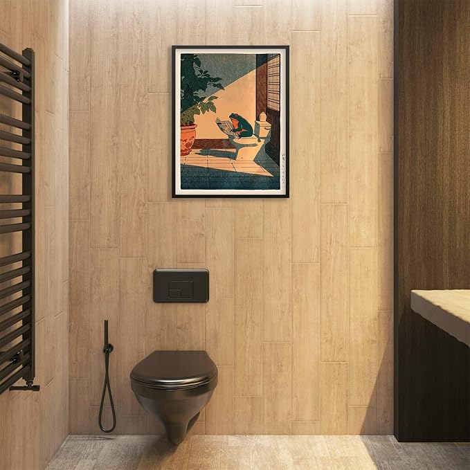 Vintage Japanese Black Framed Wall Art Funny Frog Bathroom Canvas Print Cute