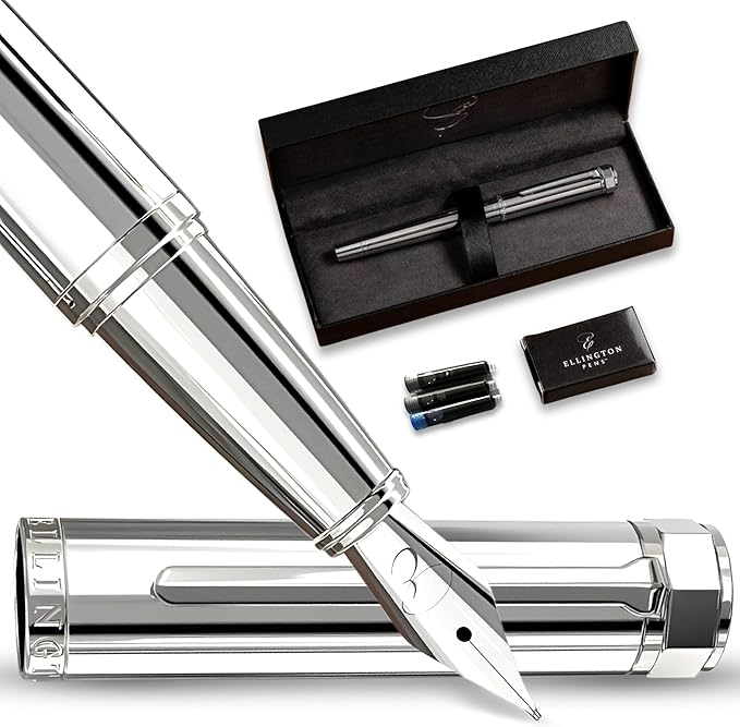 Ellington Pens Luxury Fountain Pen Set - Smooth Medium Nib- Includes 3 Ink Cartridges, Refillable Ink Converter, Gift Box- Fountain Pens For Writing, Calligraphy, Journaling, Sketching (Silver Sonata)