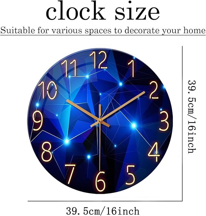 Blue Wall Clock Battery Operated 16 Inch Analog Glass Wall Clock Non Ticking
