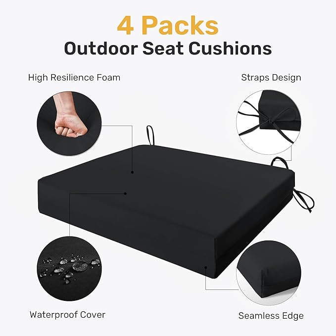 UNIKOME Outdoor Chair Cushions Pack of 4, Water Resistant Patio Cushions with Ties, High Density Sponge Filling Square Corner Seat Cushions for Outdoor Furniture, 24"*24"*4", Black