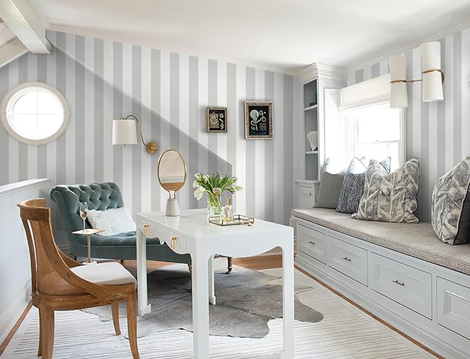 Guvana 17.7"x118" Grey and White Wallpaper Striped Peel and Stick Wallpaper