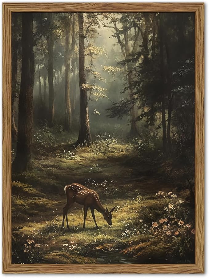 Framed Vintage Forest Deer Canvas Wall Art, Rustic Nature Landscape Paintings