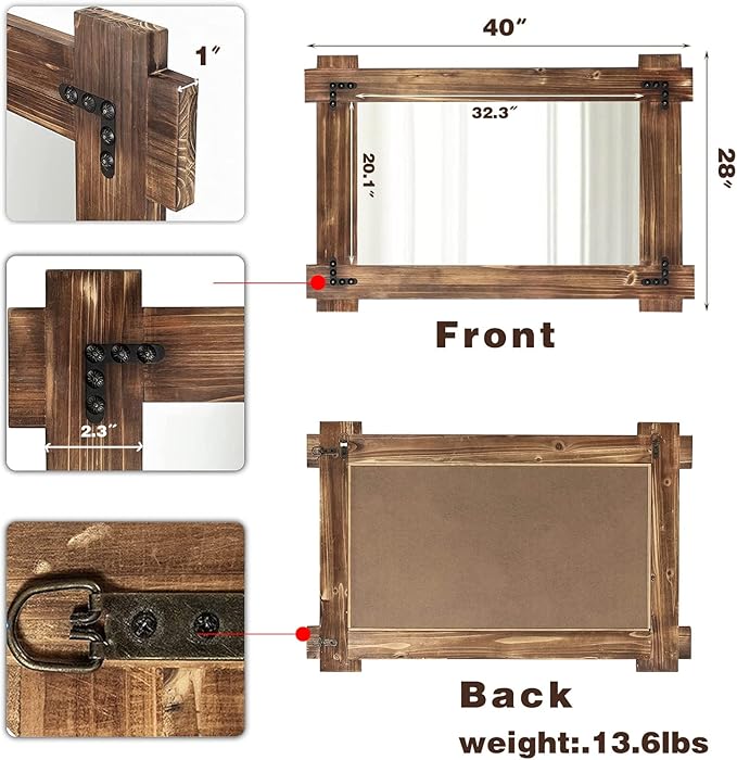 MeMoreCool Large Rustic Wood Framed Wall Mirror, 40x28 Farmhouse Decorative