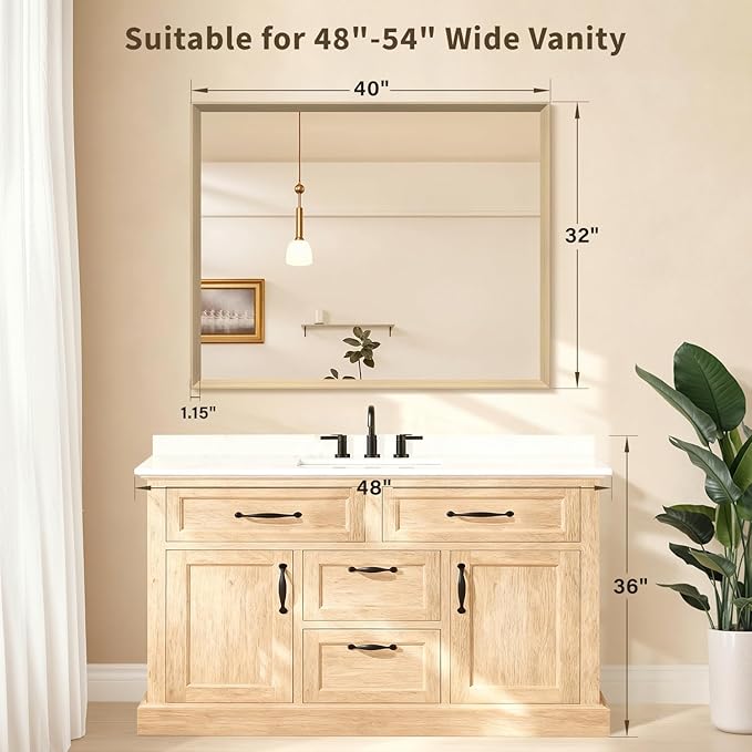Oak Wood Effect Framed Wall Mirror, 32x40 Rectangle Mirror, Anti-desilvering
