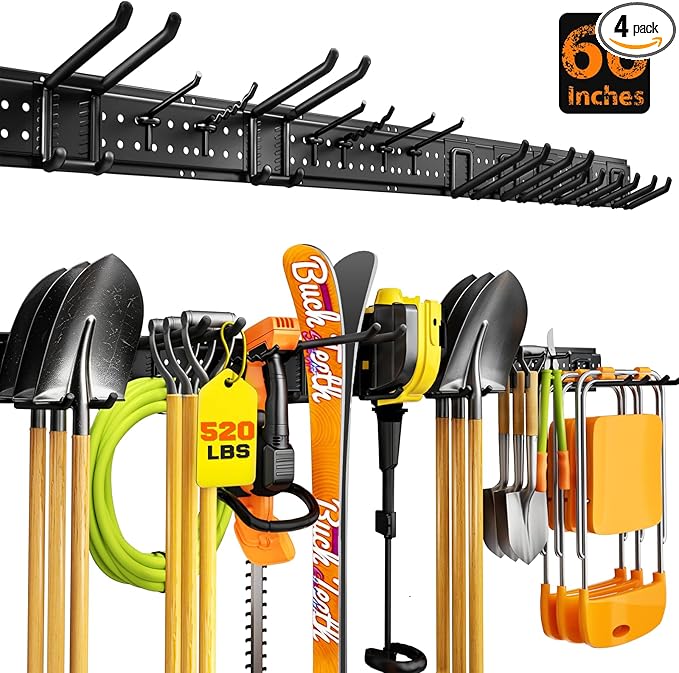 Garage Tool Organizer Wall Mount 66 inches with 13 Adjustable Heavy-Duty Hooks, Garage Organization, Garden Tool Storage Rack for Garage, Yard, and Shed, Holds Up to 520 lbs