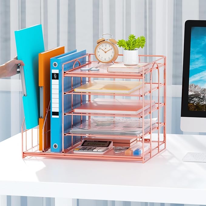 Marbrasse Desk Organizer with File Holder, 5-Tier Paper Letter Tray, Mesh Desk Accessories, Magazine Holder, Desktop Organizer and Storage for Office Supplies, Rose Gold