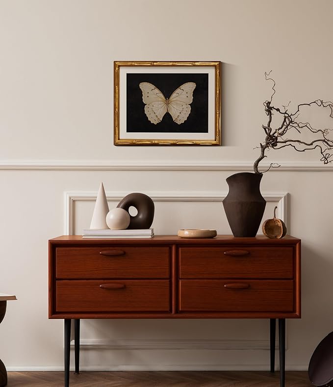 InSimSea Gold Bamboo Framed Canvas Wall Art, Retro White Butterfly Animal