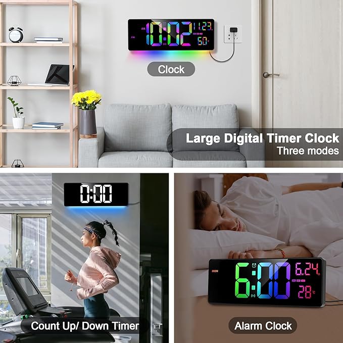 16" Bluetooth Large Digital Wall Clock/Auto Time Sync, 10 RGB Colors Digital