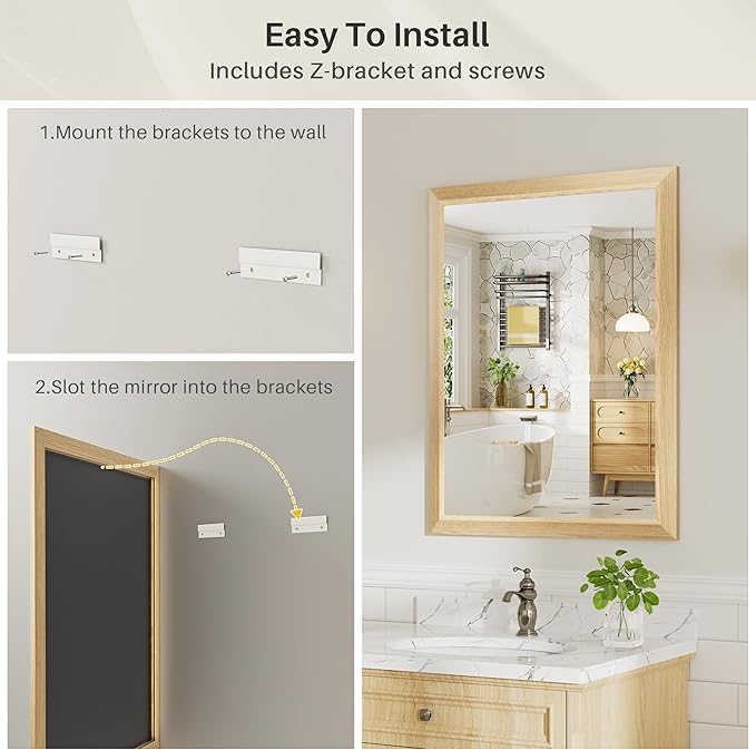 24x36 Inch Bathroom Mirror for Wall, Anti-Rust Oak Wood Grain Metal Framed