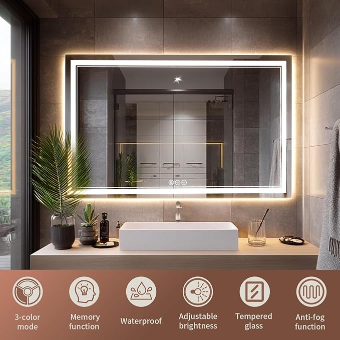 EOGOW LED Bathroom Mirror with Lights, 3 Colors Bathroom Mirror, Wall Mounted