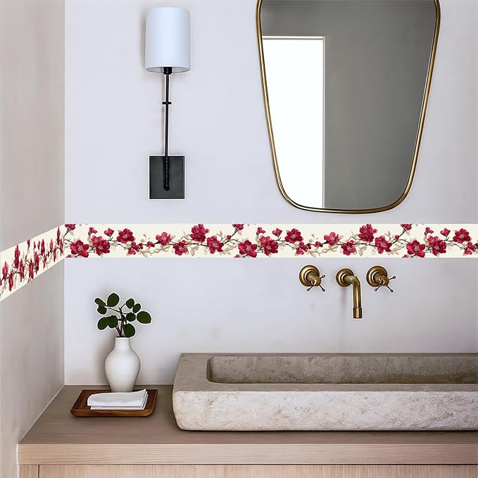 Cherry Blossom Wallpaper Border 196x4 Inch Red Flower Peel and Stick Wall