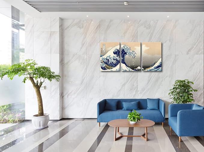 Wieco Art Great Wave of Kanagawa Katsushika Hokusai 3 Piece Modern Stretched